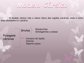O modelo cársico tem o relevo típico das regiões calcárias, onde a rocha
mais abundante é o calcário.



                                 Estalactites
                   Grutas        Estalagmites e colunas
  Paisagens
  cársicas              Campos de lapiás
                        Dolinas
                        Algares poços
 