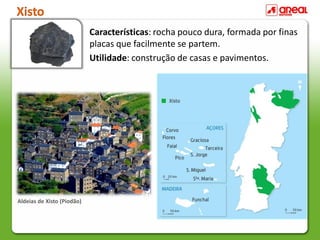 Xisto
Características: rocha pouco dura, formada por finas
placas que facilmente se partem.
Utilidade: construção de casas e pavimentos.
Aldeias de Xisto (Piodão)
 