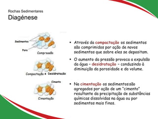 Rochas Sedimentares
Diagénese
13
 Através da compactação os sedimentos
são comprimidos por ação de novos
sedimentos que sobre eles se depositam.
 O aumento da pressão provoca a expulsão
da água – desidratação – conduzindo à
diminuição da porosidade e do volume.
 Na cimentação os sedimentossão
agregados por ação de um “cimento”
resultante da precipitação de substâncias
químicas dissolvidas na água ou por
sedimentos mais finos.
 