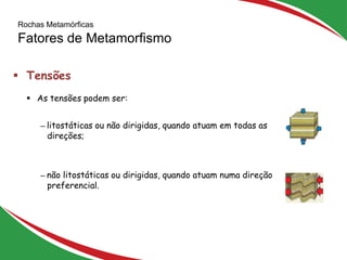 Rochas Metamórficas
Fatores de Metamorfismo
27
 Tensões
 As tensões podem ser:
─ litostáticas ou não dirigidas, quando atuam em todas as
direções;
─ não litostáticas ou dirigidas, quando atuam numa direção
preferencial.
 
