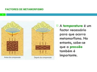 A  temperatura  é um factor necessário para que ocorra metamorfismo. No entanto, sabe-se que a  pressão  também é importante. FACTORES DE METAMORFISMO 