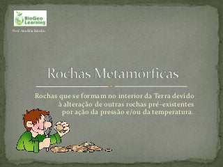 Prof. Ana Rita Rainho




              Rochas que se formam no interior da Terra devido
                     à alteração de outras rochas pré-existentes
                      por ação da pressão e/ou da temperatura.
 