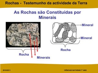 2010/2011 CIÊNCIAS NATURAIS 7º ANO
Rochas - Testemunho da actividade da Terra
As Rochas são Constituídas por
Minerais
Mineral
Mineral
Rocha
Rocha
Minerais
 