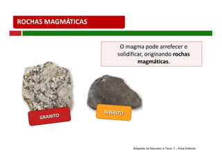 ROCHAS	MAGMÁTICAS
O	magma	pode	arrefecer	e	
solidificar,	originando	rochas
magmáticas.
Adaptado de Descobrir a Terra 7 – Areal Editores
 