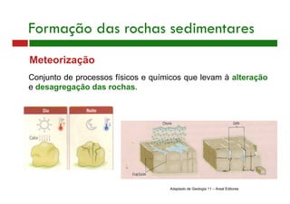 Meteorização
Formação das rochas sedimentares
Conjunto de processos físicos e químicos que levam à alteração
e desagregação das rochas.
Adaptado de Geologia 11 – Areal Editores
 