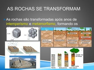 AS ROCHAS SE TRANSFORMAM
As rochas são transformadas após anos de
intemperismo e metamorfismo, formando os
diferentes tipos de solo.
 