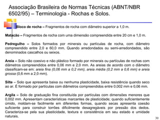 Associação Brasileira de Normas Técnicas (ABNT/NBR
  6502/95) – Terminologia - Rochas e Solos.

      Bloco de rocha – Fragmentos de rocha com diâmetro superior a 1,0 m.

Matacão – Fragmentos de rocha com uma dimensão compreendida entre 20 cm e 1,0 m.

Pedregulho – Solos formados por minerais ou partículas de rocha, com diâmetro
compreendido entre 2,0 e 60,0 mm. Quando arredondados ou semi-arredondados, são
denominados cascalhos ou seixos.

Areia – Solo não coesivo e não plástico formado por minerais ou partículas de rochas com
diâmetros compreendidos entre 0,06 mm e 2,0 mm. As areias de acordo com o diâmetro
classificam-se em: areia fina (0,06 mm a 0,2 mm), areia média (0,2 mm a 0,6 mm) e areia
grossa (0,6 mm a 2,0 mm).

Silte – Solo que apresenta baixa ou nenhuma plasticidade, baixa resistência quando seco
ao ar. É formado por partículas com diâmetros compreendidos entre 0,002 mm e 0,06 mm.

Argila – Solo de graduação fina constituída por partículas com dimensões menores que
0,002 mm. Apresentam características marcantes de plasticidade; quando suficientemente
úmido, moldam-se facilmente em diferentes formas, quando secas apresenta coesão
suficiente para construir torrões dificilmente desagregáveis por pressão dos dedos.
Caracteriza-se pela sua plasticidade, textura e consistência em seu estado e umidade
naturais.                                                                                  30
 