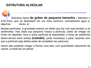 ESTRUTURA ALVEOLAR



        Estrutura típica de grãos de pequeno tamanho ( diâmetro ≤
0,02 mm), que se depositam em um meio contínuo, normalmente água e,
algumas       vezes, ar.
Nestas partículas, a gravidade exerce um efeito que faz com que tendam a se
sedimentar, mas dada sua pequena massa a partícula, antes de chegar ao
fundo do depósito, toca a outra partícula já depositada; a força de aderência
desenvolvida entre ambas (coesão), pode neutralizar o peso, fazendo com
que a partícula seja detida antes de completar seu percurso.
Assim elas poderão chegar a formar uma tela, com quantidade importante de
vazios, a modo de um painel.




                                                                           45
 