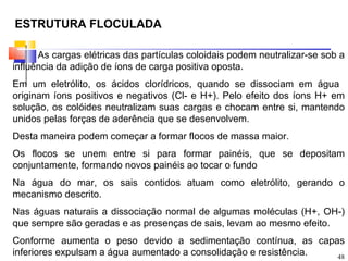 ESTRUTURA FLOCULADA

      As cargas elétricas das partículas coloidais podem neutralizar-se sob a
influência da adição de íons de carga positiva oposta.
Em um eletrólito, os ácidos clorídricos, quando se dissociam em água
originam íons positivos e negativos (Cl- e H+). Pelo efeito dos íons H+ em
solução, os colóides neutralizam suas cargas e chocam entre si, mantendo
unidos pelas forças de aderência que se desenvolvem.
Desta maneira podem começar a formar flocos de massa maior.
Os flocos se unem entre si para formar painéis, que se depositam
conjuntamente, formando novos painéis ao tocar o fundo
Na água do mar, os sais contidos atuam como eletrólito, gerando o
mecanismo descrito.
Nas águas naturais a dissociação normal de algumas moléculas (H+, OH-)
que sempre são geradas e as presenças de sais, levam ao mesmo efeito.
Conforme aumenta o peso devido a sedimentação contínua, as capas
inferiores expulsam a água aumentado a consolidação e resistência. 48
 