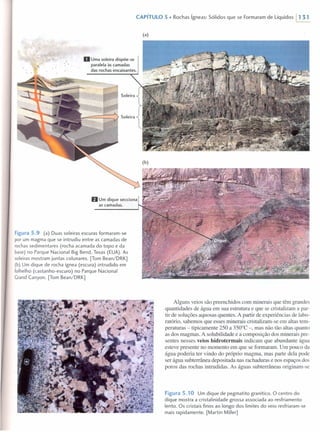 CAPíTULO 5 • Rochas ígneas: Sólidos que se Formaram de Líquidos ~
(a)
-,
oUma soleira dispõe-se
paralela às camadas
das rochas encaixantes.
(b)
fiUm dique secciona
as camadas.
Figura 5.9 (a) Duas soleiras escuras formaram-se
por um magma que se intrudiu entre as camadas de
rochas sedimentares (rocha acamada do topo e da
base) no Parque Nacional BigBend, Texas (EUA).As
soleirasmostram juntas colunares. [Tom Bean/DRK]
(b) Umdique de rocha ígnea (escura) intrudido em
folhelho (castanho-escuro) no Parque Nacional
GrandCanyon. [TomBean/DRK]
Alguns veios são preenchidos com minerais que têm grandes
quantidades de água em sua estrutura e que se cristalizam a par-
tir de soluções aquosas quentes. A partir de experiências de labo-
ratório, sabemos que esses minerais cristalizam-se em altas tem-
peraturas - tipicamente 250 a 350°C -, mas não tão altas quanto
as dos magmas. A solubilidade e a composição dos minerais pre-
sentes nesses veios hidrotermais indicam que abundante água
esteve presente no momento em que se formaram. Um pouco da
água poderia ter vindo do próprio magma, mas parte dela pode
ser água subterrânea depositada nas rachaduras e nos espaços dos
poros das rochas intrudidas. As águas subterrâneas originam-se
Figura 5.10 Um dique de pegmatito granítico. O centro do
dique mostra a cristalinidade grossa associada ao resfriamento
lento. Os cristais finos ao longo dos limites do veio resfriaram-se
mais rapidamente. [Martin Miller]
 