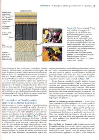 CAPíTULO 5 • Rochas ígneas: Sólidos que se Formaram de Líquidos 11 33
SUíTE OFIOLíTICA
Figura 5.12 Secção idealizada de uma
suíte ofrolítica. A combinação de
sedimentos de mar profundo. lavas
almofadadas submarinas. enxame de
diques laminados26
basálticos e
intrusões ígneas máfrcas indica uma
origem de mar profundo. Os ofrolitos
são fragmentos da litosfera oceânica que
foram transportados sobre o continente.
como resultado das colisões de placas.
O peridotito - uma rocha predominante
no manto - sofre fusão por
descornpressão, para formar magma
gabróico, que então entra em erupção
para gerar basalto vulcânico
atmofadado " (ver Figura 5.13). [Fotos:
cortesia de T. L. Grove]
lâmina delgada de um gabro
Cabro
(metamorfizado) lâmina delgada de um peridotito
/1 '
;,
Peridotitos e
outras rochas
ultramáficas
(freqüentemente
metamorfizadas)
mentodivergente de duas placas causa expansão do assoalho
oceânico,e zonas de subducção, onde uma placa mergulha sob
aoutra.As plumas do manto, embora não estejam associadas a
limitesde placas, são também resultantes de fusão parcial e for-
mam-sena interface entre o núcleo e o manto, ou próximo a
ela,nas profundezas do interior da Terra (ver Capítulo 6).
O local de formação das rochas ígneas mais significativo é
arede de dorsais mesoceânicas, que tem extensão global. Em
todaa extensão dessa rede, os magmas basálticos derivados da
fusãopor descompressão do manto superior jorram, trazidos
porcorrentes de convecção ascendentes. O magma espalha-se
sobforma de lavas, que são fornecidas por câmaras magmáti-
cassituadas abaixo do eixo da dorsal. Ao mesmo tempo, ocor-
rea intrusão de magma gabróico em profundidade.
Os centros de expansão do assoalho
oceânico: geossistemas magmáticos
Antesdo advento da tectônica de placas, os geólogos ficavam
intrigadoscom estranhas assembléias de rochas, típicas dos as-
soalhosmarinhos, mas que eram encontradas também nos con-
tinentes.Conhecidas como suítes ofiolíticas, essas assembléias
consistemem sedimentos de mar profundo, lavas basálticas sub-
marinase intrusões ígneas máficas (Figura 5.12). A partir de
dados obtidos por meio de submarinos de alcance profundo,
dragagens,sondagens em mar profundo e explorações sísmicas,
os geólogos podem agora interpretar essas rochas como frag-
mentosde crosta oceânica que foram transportados por expan-
sãodo assoalho oceânico, levantados acima do nível do mar e
acavalados sobre um continente em um episódio posterior de
colisãoentre placas. Em algumas das seqüências ofiolíticas mais
completasque foram preservadas em continentes, pode-se lite-
ralmente caminhar em cima de rochas que ficavam no limite en-
tre a crosta e o manto terrestre. As sondagens oceânicas penetra-
ram até a camada de gabro do assoalho oceânico, mas não che-
garam até o limite crosta-manto mais abaixo. Além disso, perfis
feitos por meio de ondas sísmicas encontraram várias câmaras
magmáticas similares àquela mostrada na Figura 5.13.
De que forma a expansão do assoalho oceânico funciona
como um geossistema magmático? Pode-se pensar nesse siste-
ma como uma gigantesca máquina que processa material do
manto para produzir crosta oceânica. A Figura 5.13 é uma re-
presentação esquemática e altamente simplificada do que pode
estar acontecendo, sendo baseada, em parte, no estudo dos ofio-
litos encontrados nos continentes e nas informações obtidas por
sondagens em mar profundo e por perfis sísmicos relatados na
Reportagem 2.1 (página 61).
Material de entrada: peridotitos no manto A matéria-prima
que é fornecida à máquina de expansão do assoalho oceânico é
proveniente da astenosfera do manto convectivo. O tipo domi-
nante de rocha na astenosfera é o peridotito. Os geólogos esti-
mam que a composição média do peridotito do manto seria pre-
dominantemente de olivina, com quantidades menores. de piro-
xênio e de granada. As temperaturas na astenosfera são sufi-
cientemente altas para fundir uma pequena fração (menos de
1%) desse peridotito, mas não tão altas para gerar volumes
substanciais de magma.
Processo: fusão por descompressão A máquina de expansão
do assoalho marinho gera magma a partir do peridotito manté-
lico pelo processo de fusão por descompressão. Relembre que,
anteriormente, neste capítulo, vimos que a temperatura de fu-
são de um mineral depende da sua pressão, como também da
 