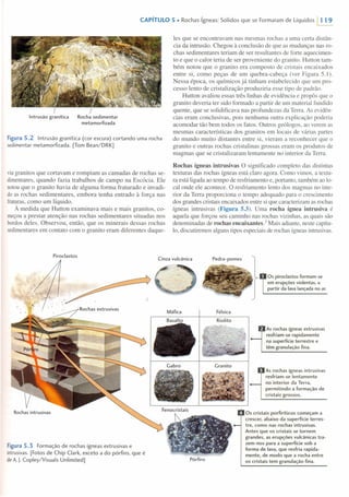 CAPíTULO 5 • Rochas ígneas: Sólidos que se Formaram de Líquidos ~
Intrusão granítica Rocha sedimentar
metamorfizada
Figura 5.2 Intrusão granítica (cor escura) cortando uma rocha
sedimentar metamorfrzada. [Tom Bean/DRK]
viugranitos que cortavam e rompiam as camadas de rochas se-
dimentares, quando fazia trabalhos de campo na Escócia. Ele
notouque o granito havia de alguma forma fraturado e invadi-
do as rochas sedimentares, embora tenha entrado à força nas
fraturas,como um líquido.
À medida que Hutton examinava mais e mais granitos, co-
meçoua prestar atenção nas rochas sedimentares situadas nos
bordosdeles. Observou, então, que os minerais dessas rochas
sedimentares em contato com o granito eram diferentes daque-
Piroclastos
Figura 5.3 Formação de rochas ígneas extrusivas e
intrusivas. [Fotos de Chip Clark, exceto a do pórfiro, que é
de A.J. Copley/Visuals Unlimited]
les que se encontravam nas mesmas rochas a uma certa distân-
cia da intrusão. Chegou à conclusão de que as mudanças nas ro-
chas sedimentares teriam de ser resultantes de forte aquecimen-
to e que o calor teria de ser proveniente do granito. Hutton tam-
bém notou que o granito era composto de cristais encaixados
entre si, como peças de um quebra-cabeça (ver Figura 5.l).
Nessa época, os químicos já tinham estabelecido que um pro-
cesso lento de cristalização produziria esse tipo de padrão.
Hutton avaliou essas três linhas de evidência e propôs que o
granito deveria ter sido formado a partir de um material fundido
quente, que se solidificava nas profundezas da Terra. As evidên-
cias eram conclusivas, pois nenhuma outra explicação poderia
acomodar tão bem todos os fatos. Outros geólogos, ao verem as
mesmas características dos granitos em locais de várias partes
do mundo muito distantes entre si, vieram a reconhecer que o
granito e outras rochas cristalinas grossas eram os produtos de
magmas que se cristalizaram lentamente no interior da Terra.
Rochas ígneas intrusivas O significado completo das distintas
texturas das rochas ígneas está claro agora. Como vimos, a textu-
ra está ligada ao tempo de resfriamento e, portanto, também ao lo-
cal onde ele acontece. O resfriamento lento dos magmas no inte-
rior da Terra proporciona o tempo adequado para o crescimento
dos grandes cristais encaixados entre si que caracterizam as rochas
ígneas intrusivas (Figura 5.3). Uma rocha ígnea intrusiva é
aquela que forçou seu caminho nas rochas vizinhas, as quais são
denominadas de rochas encaixantes.' Mais adiante, neste capítu-
lo, discutiremos alguns tipos especiais de rochas ígneas intrusivas.
Cinza vulcânica Pedra-pomes
Os piroclastos formam-se
em erupções violentas, a
partir da lava lançada no ar.
Máfica Félsica
Riolito
As rochas ígneas extrusivas
resfriam-se rapidamente
na superfície terrestre e
têm granulação fina.
As rochas ígneas intrusivas
resfriam-se lentamente
no interior da Terra,
permitindo a formação de
cristais grossos.
Pórfiro
Os cristais porfiríticos começam a
crescer, abaixo da superfície terres-
tre, como nas rochas intrusivas.
Antes que os cristais se tornem
grandes, as erupções vulcânicas tra-
zem-nos para a superfície sob a
forma de lava, que resfria rapida-
mente, de modo que a rocha entre
os cristais tem granulação fina.
 