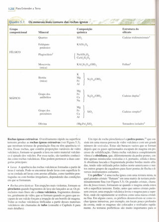 120 I Para Entender a Terra
- - '7 _.
<'~
~j
' .•... ...,"""",.,.,.,,
1- .#_""'CXYI
Quadro 5.1 Os minerais mais comuns das rochas ígneas ~",:S·y!t~ ";jf,o/i'-":" ,1 . ~ • .or"«~ • ,A'..-~.~ ..e '.~
Grupo Composição Estrutura do
composicional Mineral química silicato
Quartzo Si02 Cadeias tridimensionais''
Feldspato KAISips
potássico
FÉLSICO
Plagioclásio?
{ NaAlSi3
0s
CaAl2Sips
Moscovita KAI3
Si3
OI0(OH)2 Folhas6
(mica)
K
)Biotita Mg
SiPIO(OH)2
(mica) Fe
AI
Mg
)
Grupo dos Fe
SiS
022(OH)2 Cadeias duplas7
MÁFICO anfibólios Ca
Na
Mg
)Grupo dos Fe Si03
Cadeias simples-
piroxênios Ca
AI
Olivina (Mg,Fe)2Si04 Tetraedros isolados?
Rochas ígneas extrusivas °resfriamento rápido na superfície
terrestre produz as rochas ígneas extrusivas (ver Figura 5.3),
que mostram texturas de granulação fina ou têm aparência ví-
trea. Essas rochas, que contêm proporções variáveis de vidro
vulcânico, formam-se quando a lava ou outro material vulcâni-
co é ejetado dos vulcões. Por essa razão, são também conheci-
das como rochas vulcânicas. Elas podem pertencer a duas cate-
gorias principais:
• Lavas A aparência das rochas vulcânicas formadas a partir de
lavas é variada. Pode-se encontrar desde lavas com superfície li-
sa ou cordada até lavas com arestas atiladas, como também pon-
tiagudas ou com bordas irregulares, dependendo das condições
em que se formaram.
• Rochas piroclásticas Em erupções mais violentas, formam-se
piroclastos quando fragmentos de lava são lançados ao ar. Os pi-
roclastos mais finos são a cinza vulcânica, fragmentos diminu-
tos, geralmente de vidro, que se formam quando os gases que es-
capam de um vulcão forçam a irrupção de um borrifo de magma.
Todas as rochas vulcânicas litificadas a partir desses materiais
vulcânicos são chamadas de tufos (consulte o Capítulo 6 para
mais detalhes).
Um tipo de rocha piroclástica é a pedra-pomes, 10 que con-
siste em uma massa porosa de vidro vulcânico com um grande
número de vesiculas. Estas são buracos vazios que se formam
depois que os gases aprisionados escapam do magma em pro-
cesso de solidificação. Outra rocha vulcânica completamente
vítrea é a obsídiana, que, diferentemente da pedra-pornes, con-
tém apenas minúsculas vesículas e é, portanto, sólida e densa,
A obsidiana lascada e fragmentada produz bordas muito atila-
das, tendo sido utilizada pelos índios norte-americanos e mui-
tos outros grupos de caçadores para fazer pontas de flecha e di-
versos instrumentos cortantes.
Um põrfíro!' é uma rocha ígnea com uma textura mista, na
qual grandes cristais "flutuam" em uma matriz de textura predo-
minantemente tina (ver Figura 5.3). Os grandes cristais, chama-
dos de fenocristais, formaram-se quando o magma ainda estava
sob a superfície terrestre. Então, antes que outros cristais pudes-
sem crescer, uma erupção vulcânica levou o magma para a super-
fície, onde ele rapidamente se resfriou como uma massa cristali-
na tina. Em alguns casos, os pórfiros desenvolvem-se como ro-
chas ígneas intrusivas, por exemplo, em locais pouco profundos
da crosta, onde os magmas são colocados e resfriados rapida-
mente. As texturas porfiríticas são muito importantes para os
 