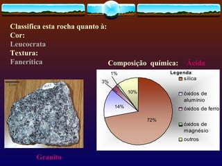 Granito Composição  química: Ácida Classifica esta rocha quanto à: Cor: Leucocrata Textura: Fanerítica 