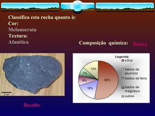 Basalto Composição  química: Básica Classifica esta rocha quanto à: Cor: Melanocrata Textura: Afanítica 