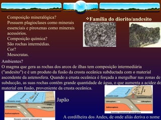 Família do diorito/andesito Composição mineralógica? Possuem plagioclases como minerais essenciais e piroxenas como minerais acessórios. Composição química? São rochas intermédias. Cor? Mesocratas. Ambientes? O magma que gera as rochas dos arcos de ilhas tem composição intermediária ("andesito") e é um produto da fusão da crosta oceânica subductada com o material ascendente da astenosfera. Quando a crusta oceânica é forçada a mergulhar nas zonas de subducção, as suas rochas contêm grande quantidade de água, o que aumenta a acidez do material em fusão, proveniente da crusta oceânica. A cordilheira dos Andes, de onde aliás deriva o nome Japão 