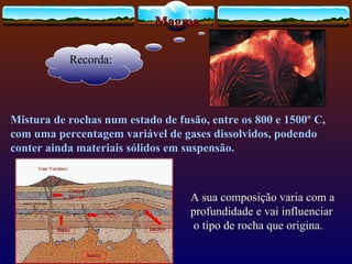 Magma Recorda: Mistura de rochas num estado de fusão, entre os 800 e 1500º C, com uma percentagem variável de gases dissolvidos, podendo conter ainda materiais sólidos em suspensão. A sua composição varia com a profundidade e vai influenciar o tipo de rocha que origina. 