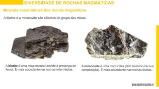 DIVERSIDADE DE ROCHAS MAGMÁTICAS
Minerais constituintes das rochas magmáticas
A biotite e a moscovite são silicatos do grupo das micas.
A biotite é uma mica escura (devido à presença de
ferro). É mais abundante nas rochas intermédias.
A moscovite é uma mica clara (tem alumínio na sua
composição). É mais abundante nas rochas ácidas.
 