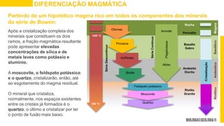 DIFERENCIAÇÃO MAGMÁTICA
Partindo de um hipotético magma rico em todos os componentes dos minerais
da série de Bowen:
Após a cristalização completa dos
minerais que constituem os dois
ramos, a fração magmática resultante
pode apresentar elevadas
concentrações de sílica e de
metais leves como potássio e
alumínio.
A moscovite, o feldspato potássico
e o quartzo, cristalizarão, então, até
ao esgotamento do magma residual.
O mineral que cristaliza,
normalmente, nos espaços existentes
entre os cristais já formados é o
quartzo, o último a cristalizar por ter
o ponto de fusão mais baixo.
1200 °C
500 °C
Cristalização
Rocha
Periodito
Basalto
Gabro
Andesito
Diorito
Riolito
Granito
Série
Descontínua
Olivinas
Piroxena
Anfíbolas
Biotite
Anortite
Albite
Plagióclases
Feldspato potássico
Quartzo
Moscovite
Série
Contínua
Magma
Basáltico
Andesítico
Riolítico
 