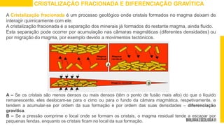 A Cristalização fracionada é um processo geológico onde cristais formados no magma deixam de
interagir quimicamente com ele.
A cristalização fracionada é a separação dos minerais já formados do restante magma, ainda fluido.
Esta separação pode ocorrer por acumulação nas câmaras magmáticas (diferentes densidades) ou
por migração do magma, por exemplo devido a movimentos tectónicos.
A – Se os cristais são menos densos ou mais densos (têm o ponto de fusão mais alto) do que o líquido
remanescente, eles deslocam-se para o cimo ou para o fundo da câmara magmática, respetivamente, e
tendem a acumular-se por ordem da sua formação e por ordem das suas densidades – diferenciação
gravítica.
B – Se a pressão comprime o local onde se formam os cristais, o magma residual tende a escapar por
pequenas fendas, enquanto os cristais ficam no local da sua formação.
CRISTALIZAÇÃO FRACIONADA E DIFERENCIAÇÃO GRAVÍTICA
 