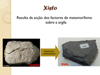 Xisto
Resulta da acção dos factores de metamorfismo
                  sobre a argila




                   Factores de
                  metamorfismo




       Argilito                  Xisto
 
