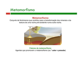 Metamorfismo 
Metamorfismo 
Conjunto de fenómenos que contribui para a transformação dos minerais e da 
textura de uma rocha pré-existente numa outra rocha. 
Fatores de metamorfismo 
Agentes que promovem o metamorfismo (ex.º calor e pressão) 
 