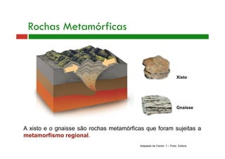 Xisto 
Gnaisse 
Rochas Metamórficas 
A xisto e o gnaisse são rochas metamórficas que foram sujeitas a 
metamorfismo region...