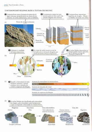 mento
original
2341 Para Entender a Terra
o METAMORFISMO REGIONAL MUDA A TEXTURA DAS ROCHAS
o metamorfismo causa a formação de planos de cli-
vagem ardosiana, perpendiculares aos planos de aca-
mamento, em rochas sedimentares, como os folhelhos.
o acamamento original em uma
amostra pode ser visto a partir das
camadas delgadas mais arenosas.
o metamorfismo regional gera
superfícies de clivagem - foliação -
no folhelho, formando uma ardósia.
(a) Planos de clivagem ardosiana
.-"-.
Cristal de
esta urol ita
~
AS rochas foliadas desenvolvem-se
porque contêm minerais placóides,
que se alinham ao longo da
orientação preferencial.
5 em
(b)
Os cristais da rocha crescem ou são de-
formados para se tornarem alongados per-
pendicularmente às forças compressivas.
Mica
(c) Quando a intensidade do meta-
morfismo aumenta, o mesmo
acontece com o tamanho do
cristal e a espessura da foliação.
Aumento da intensidade do metamorfismo
'Grau baixo . Grâífint~iário~ " ~""
Grau alto
Aumento do tamanho do cristal
t >Aumento da espessura da foliação
I~
(d) As rochas foliadas são classificadas pela intensidade
da clivagem, pela xistosidade e pelo bandamento,
o qual corresponde à intensidade do metamorfismo.
Diagênese
Ardósia
Grau baixo
Filito
Grau intermediário
Xisto (abundantes
minerais micáceos)
Grau alto
Gnaisse (menos
minerais micáceos)
Migmatito
Clivagem ardosiana Xistosidade Bandamento Bandamento
 