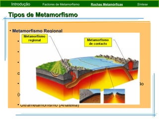 Tipos de Metamorfismo Metamorfismo Regional É o tipo de mais frequente Ocorre em vastas áreas (ex. fenómenos tectónicos) Deve-se a tensões e temperaturas moderadas a elevadas e circulação de fluidos Rochas com sucessivas fases de recristalização e deformação (xistosidade) Ultrametamorfismo (Anatexia) Introdução  Factores de Metamorfismo  Rochas Metamórficas   Síntese 