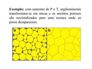 Exemplo: com aumento de P e T, argilominerais
transformam-se em micas e os arenitos porosos
são recristalizados para uma textura onde os
poros desaparecem.

 