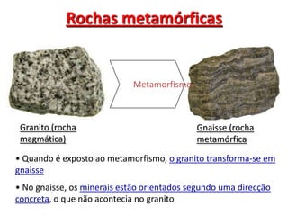 Rochas metamórficas     MetamorfismoGranito (rocha magmática)Gnaisse (rocha metamórfica Quando é exposto ao metamorfismo, o granito transforma-se em gnaisse