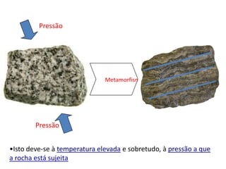  No gnaisse, os minerais estão orientados segundo uma direcção concreta, o que não acontecia no granitoPressãoMetamorfismoPressãoIsto deve-se à temperatura elevada e sobretudo, à pressão a que a rocha está sujeitaBandado GnáissicoBandado gnáissico – faixas alternadas de minerais claros e escuros