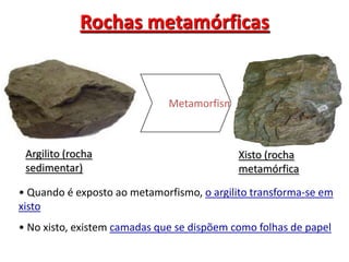  No xisto, existem camadas que se dispõem como folhas de papelXistosidadeXistosidade – A rocha parte-se facilmente segundo superfícies lisas de aspecto brilhante