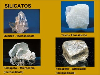 Feldspato – Microclínio (tectossilicato) Feldspato – Ortoclásio (tectossilicato) Quartzo - tectossilicato Talco - Filossilicato SILICATOS 