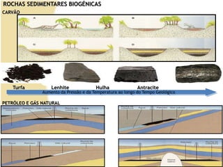 ROCHAS SEDIMENTARES BIOGÉNICASCARVÃO       Turfa 	   Lenhite 	   Hulha 		 AntraciteAumento da Pressão e da Temperatura ao longo do Tempo GeológicoPETRÓLEO E GÁS NATURAL