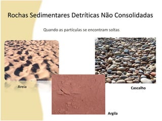 Rochas Sedimentares Detríticas Não ConsolidadasQuando as partículas se encontram soltasAreiaCascalhoArgila
