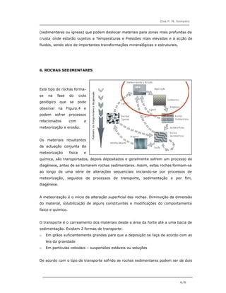 Elsa P. M. Sampaio



(sedimentares ou ígneas) que podem deslocar materiais para zonas mais profundas da
crusta onde estarão sujeitos a Temperaturas e Pressões mais elevadas e à acção de
fluidos, sendo alvo de importantes transformações mineralógicas e estruturais.




6. ROCHAS SEDIMENTARES




Este tipo de rochas forma-
se    na    fase     do       ciclo
geológico    que      se   pode
observar     na     Figura.4     e
podem      sofrer    processos
relacionados         com         a
meteorização e erosão.


Os materiais resultantes
da actuação conjunta da
meteorização         física      e
química, são transportados, depois depositados e geralmente sofrem um processo de
diagénese, antes de se tornarem rochas sedimentares. Assim, estas rochas formam-se
ao longo de uma série de alterações sequenciais iniciando-se por processos de
meteorização, seguidos de processos de transporte, sedimentação e por fim,
diagénese.


A meteorização é o início da alteração superficial das rochas. Diminuição da dimensão
do material, solubilização de alguns constituintes e modificações do comportamento
físico e químico.


O transporte é o carreamento dos materiais desde a área da fonte até a uma bacia de
sedimentação. Existem 2 formas de transporte:
o    Em grãos suficientemente grandes para que a deposição se faça de acordo com as
     leis da gravidade
o    Em partículas coloidais – suspensões estáveis ou soluções


De acordo com o tipo de transporte sofrido as rochas sedimentares podem ser de dois




                                                                                 6/8
 