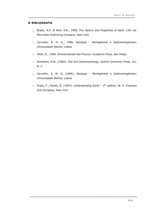 Elsa P. M. Sampaio



8. BIBLIOGRAFIA


  o   Brady, N.C. & Weil, R.R., 1999. The Nature and Properties of Soils. 12th ed.
      Macmillan Publishing Company. New York


  o   Carvalho, A. M. G., 1996. Geologia - Morfogénese e Sedimentogénese;
      Universidade Aberta, Lisboa


  o   Hillel, D., 1998. Environmental Soil Physics. Academic Press. San Diego.


  o   Birkeland, P.W. (1984). Soil and Goemorphology. Oxford University Press. Inc.
      N. Y.


  o   Carvalho, A. M. G. (1996). Geologia - Morfogénese e Sedimentogénese;
      Universidade Aberta; Lisboa


  o   Press, F.; Siever, R. (1997). Understanding Earth – 2 th edition; W. H. Freeman
      and Company; New York




                                                                                 8/8
 
