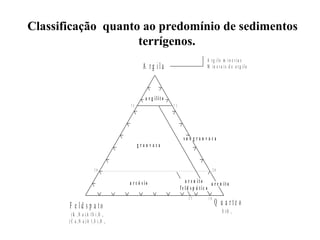 Classificação quanto ao predomínio de sedimentos
terrígenos.
A rg ilo m in e ria s
M in e ra is d e a rg ila

A rg ila

a r g ilito
75

75

grauvaca

su b g rau v aca

20

20

a r c ó s io

F e ld s p a to
( K ,N a ) A lS i3O 8
( C a ,N a ) A l2S i2O 8

a r e n ito a r e n ito
fe ld s p á tic o
25

10

Q u a rtz o
S iO

2

 