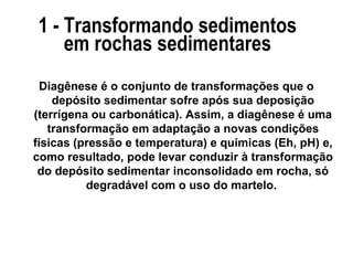 1 - Transformando sedimentos
em rochas sedimentares
Diagênese é o conjunto de transformações que o
depósito sedimentar sofre após sua deposição
(terrígena ou carbonática). Assim, a diagênese é uma
transformação em adaptação a novas condições
físicas (pressão e temperatura) e químicas (Eh, pH) e,
como resultado, pode levar conduzir à transformação
do depósito sedimentar inconsolidado em rocha, só
degradável com o uso do martelo.

 