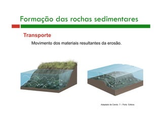 Formação das rochas sedimentares 
Transporte 
Movimento dos materiais resultantes da erosão. 
Adaptado de Cientic 7 – Porto Editora 
 