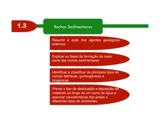 1.3 Rochas Sedimentares 
Resumir a ação dos agentes geológicos 
externos 
Explicar as fases de formação da maior 
parte das rochas sedimentares 
Identificar e classificar os principais tipos de 
rochas detríticas, quimiogénicas e 
biogénicas 
Prever o tipo de deslocação e deposição de 
materiais ao longo de um curso de água e 
associar características das areias a 
diferentes tipos de ambientes 
 