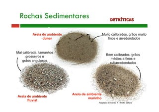 Rochas Sedimentares DETRÍTICAS 
Mal calibrada, tamanhos 
grosseiros e 
grãos angulosos 
Muito calibrados, grãos muito 
finos e arredondados 
Bem calibrados, grãos 
médios a finos e 
subarredondados 
Areia de ambiente 
dunar 
Areia de ambiente 
fluvial 
Areia de ambiente 
marinho 
Adaptado de Cientic 7 – Porto Editora 
 