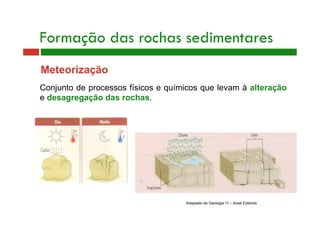 Formação das rochas sedimentares 
Meteorização 
Conjunto de processos físicos e químicos que levam à alteração 
e desagregação das rochas. 
Adaptado de Geologia 11 – Areal Editores 
 