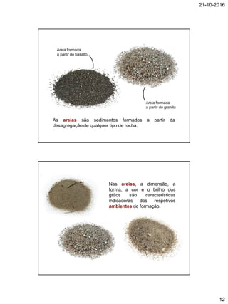 21-10-2016
12
As areias são sedimentos formados a partir da
desagregação de qualquer tipo de rocha.
Areia formada
a partir do basalto
Areia formada
a partir do granito
Nas areias, a dimensão, a
forma, a cor e o brilho dos
grãos são características
indicadoras dos respetivos
ambientes de formação.
 