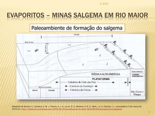 IL 2012



EVAPORITOS – MINAS SALGEMA EM RIO MAIOR
                        Paleoambiente de formação do salgema




 Adaptado de Santos, C., Cardeira, C. M. J.; Feteiro, A. J. A.; Louro, D. C.; Moreira, A. R. C.; Neto, J. C. A.; Santos, I. L., consultado a 3 de março de
 2012 em: http://mesozoico.wordpress.com/2009/05/25/as-salinas-de-rio-maior-%E2%80%93-do-presente-ao-passado/
                                                                                                                                                             27
 