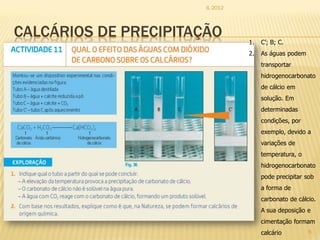 IL 2012




CALCÁRIOS DE PRECIPITAÇÃO        1.   C’; B; C.
                                 2.   As águas podem
                                      transportar
                                      hidrogenocarbonato
                                      de cálcio em
                                      solução. Em
                                      determinadas
                                      condições, por
                                      exemplo, devido a
                                      variações de
                                      temperatura, o
                                      hidrogenocarbonato
                                      pode precipitar sob
                                      a forma de
                                      carbonato de cálcio.
                                      A sua deposição e
                                      cimentação formam
                                      calcário         6
 