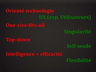 Orienté technologie
UX (exp. Utilisateurs)
One-zize-fits-all
Singularité
Top-down
Self-made
Intelligence = efficacité
Flexibilité