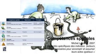 3
Compétences spatiales
Michel Lussault, 2007
« Capacités spécifiques des individus (acteurs
spatiaux) nécessaires pour accomplir et assumer
leurs actes spatiaux »
 