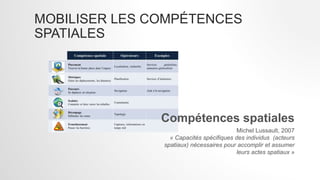 MOBILISER LES COMPÉTENCES
SPATIALES
Compétences spatiales
Michel Lussault, 2007
« Capacités spécifiques des individus (acteurs
spatiaux) nécessaires pour accomplir et assumer
leurs actes spatiaux »
 